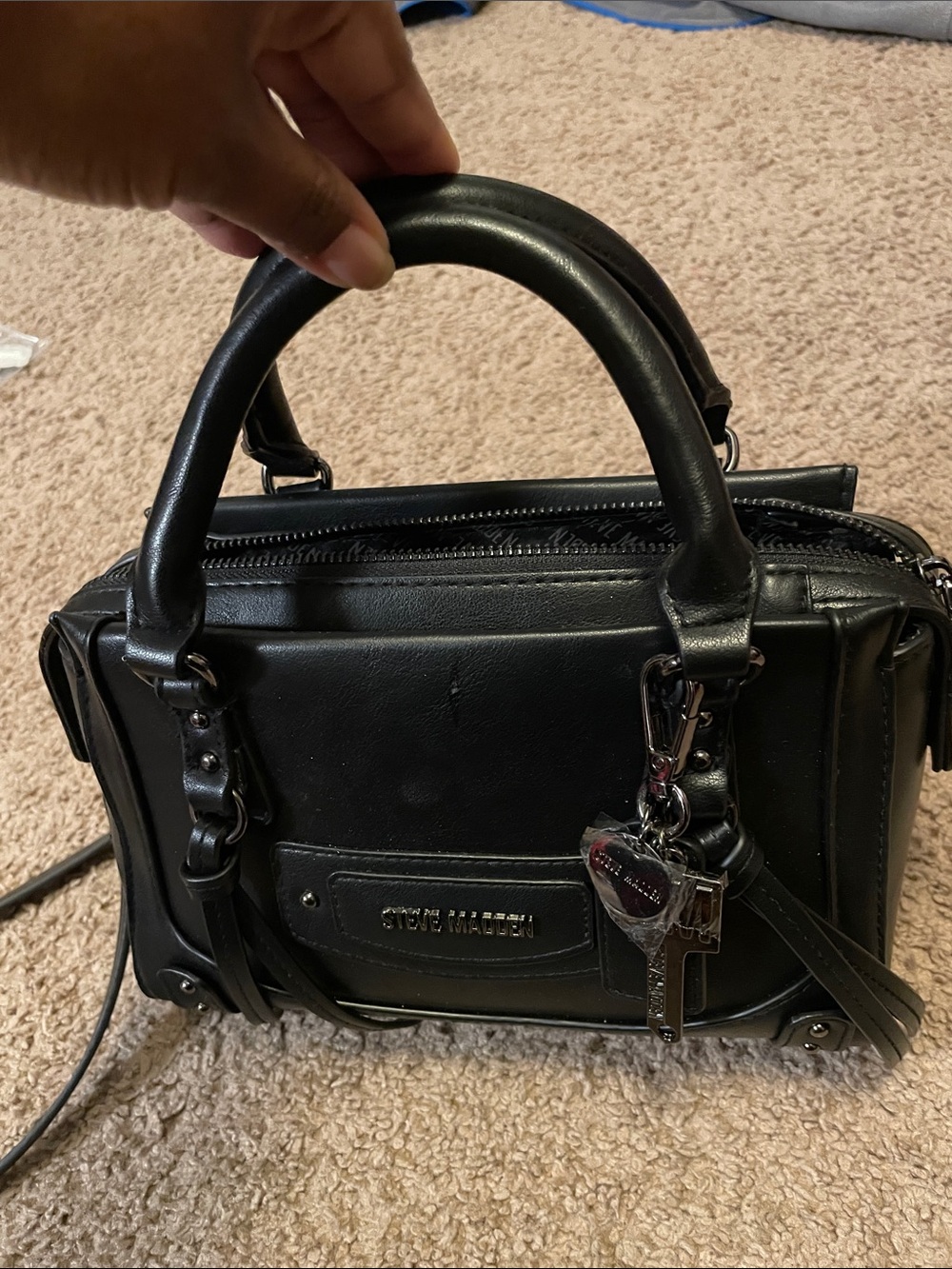 Steve Madden Black Leather Mini Satchel with Charm Detail